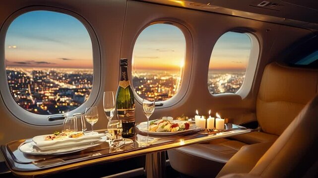 Lavishly set table with gourmet food and sparkling wine is seen inside a private jet, as the sun sets over a sprawling cityscape. The warm glow of the city lights creates a magical ambiance