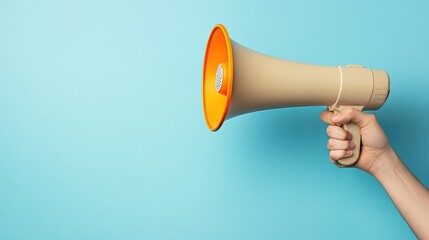 A hand holding a megaphone against a blue background.