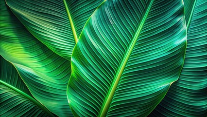 tropical, background, banana leaf, long shot, color toned, A long shot of a tropical banana leaf texture background with a glow in the dark color tone