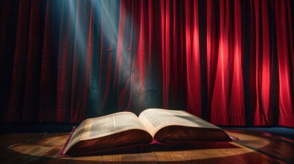 Open Book Under Dramatic Red Curtain Spotlight