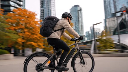 Fototapeta premium A man rides an electric bike casually through a city park, enjoying the sunny autumn day amidst vibrant yellow leaves