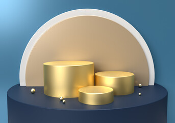 Luxurious display scene for products and packaging mockup. Three gold round podiums with half round shapes in the background of the studio are used to present your concept. 3D Render Illustration.