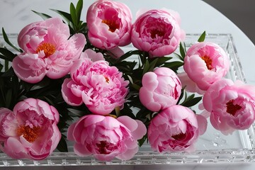 Soft Pink Peony Flower Arrangement on Clear Surface