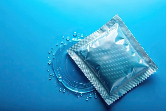 sexual health, sexual wellness, isolated, healthcare, contraception, barrier method, safer sex, Ribbed and dotted condom filled with water isolated on a blue background