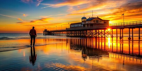Fototapeta premium Dorset, vibrant, Silhouette of a person entering the Pleasure Pier in Weymouth Dorset during a vibrant sunset with striking colors reflected in the calm waters of the sea