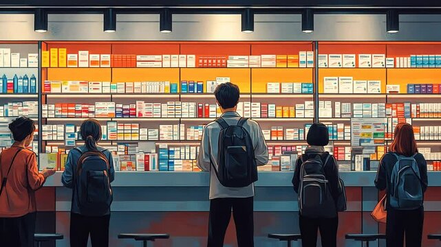 People with backpacks wait in line at a pharmacy counter at night.