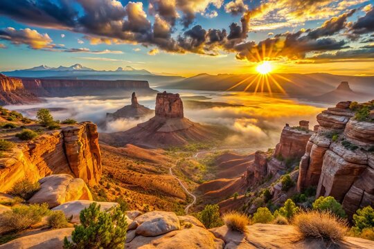 Majestic sunrise over Utah's rugged landscape, with vast sandstone formations, misty valleys, and golden light casting