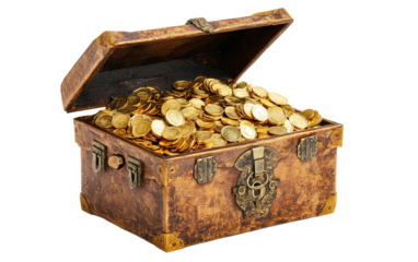Treasure box filled with gold on white background,png