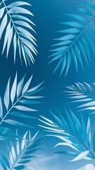 Top view of blue minimalistic paper cut palm leaves on blue background with copy space, panoramic shot
