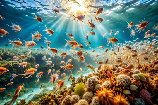 Microscopic marine animals known as sea fleas or copepods swim in schools amidst coral reef debris, with sunlight