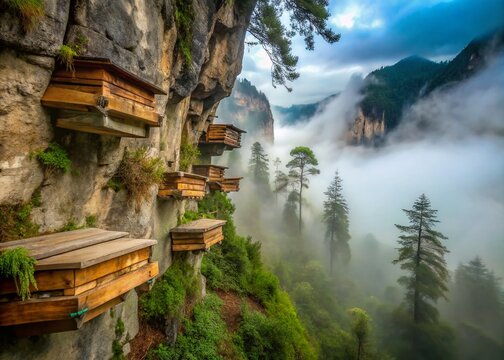 Misty dawn breaks over rustic wooden coffins hanging from limestone cliffs in Sagada's Sumaguing Cave, Philippines,
