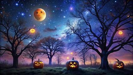 Fototapeta premium Moonless dark sky with twisted bare trees silhouetted against dark blues and purples, illuminated only by flickering jack-o-lanterns and twinkling distant stars.