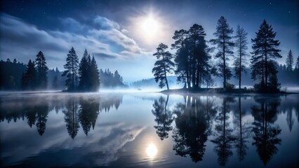 Obraz premium Mysterious dark bay waters reflects the silhouette of towering trees under a moonless night sky, surrounded by foggy mist, evoking an eerie and serene atmosphere.
