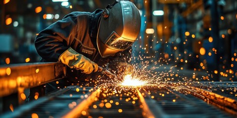 A masked professional is focused on joining metal parts together, with visible sparks and a glowing torch illuminating their work