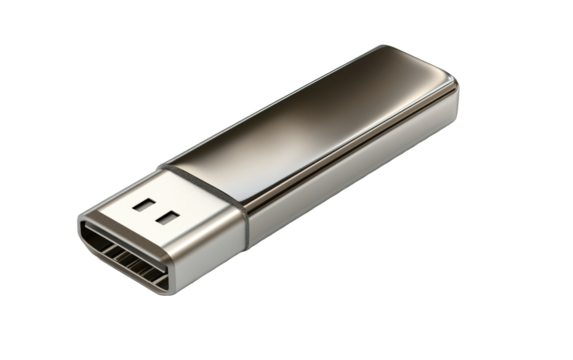 SB flash drive with a metallic on white background,png