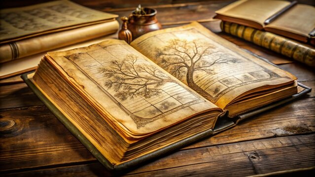 Old, worn, leather-bound book lies open, revealing yellowed pages with intricate family tree illustrations, connected
