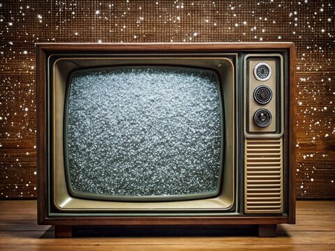 Old-fashioned analog TV screen displaying static noise with horizontal lines and flickering snowy white dots, nostalgic