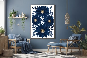 Indigo Navy Blue Floral Poster Print for Boho Chic Home Decor
