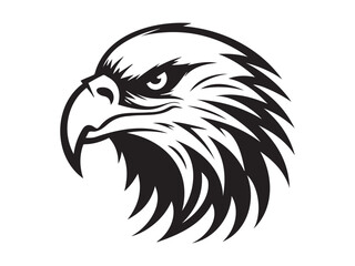 Fototapeta premium Black silhouette of an eagle head isolated on a white background. Concept of fierce bird illustration, majestic predator, minimalist style, powerful eagle. Print, icon, design element