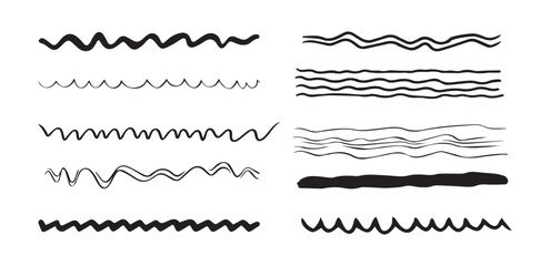 Black hand-drawn wavy and zigzag lines set isolated on white background. Concept of abstract line art, minimalist design, sketch illustration, artistic elements