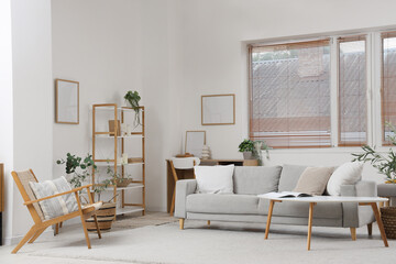 Interior of light living room with grey sofa, armchair and plants