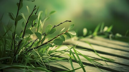 Obraz premium Green leaves on twigs, sward and wooden planks with green blurry background