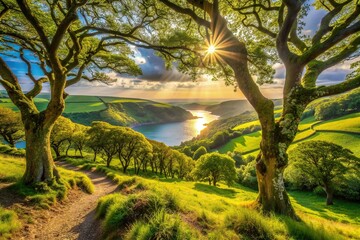 Fototapeta premium Bosahan Wood located in Cornwall England bathed in sunlight showcases a serene and breathtaking natural landscape, picturesque, forest, trees, scenic, woods, natural, England