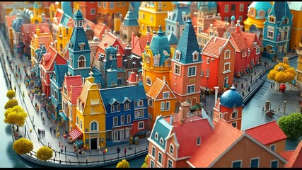 A miniature city with colorful buildings, canals, and miniature people.