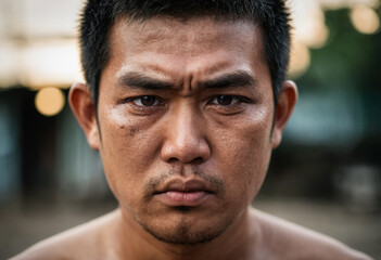 Fototapeta premium aggressive asian adult man, angry and annoyed, rage and hate facial expression, close up face portrait