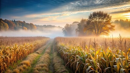 A foggy farm cornfield on a mystical autumn morning, autumn, ambiance, farm, eerie, nature, morning, hazy, field, landscape, mist, harvest, mystical,foggy, agriculture, mystical, rural