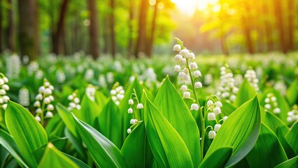 Obraz premium lily of the valley, flowers, tranquility, vibrant green, forest, field, beauty, A close up view of a vibrant green forest field in spring covered with blooming lily of the valley flowers