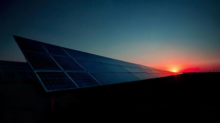 Cinematic shot of a solar power plant before sunrise, with solar panels silhouetted against a dark blue sky and hints of the approaching dawn, emphasizing the plant&rsquo;s role in harnessing clean energy