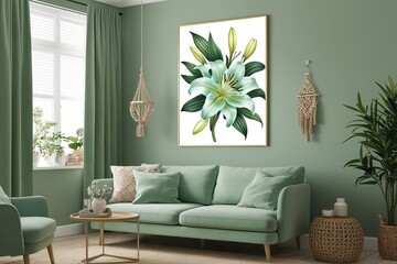 Mint Green Floral Wall Art Print for Living Room Boho Botanical Decor Soft Flower Design