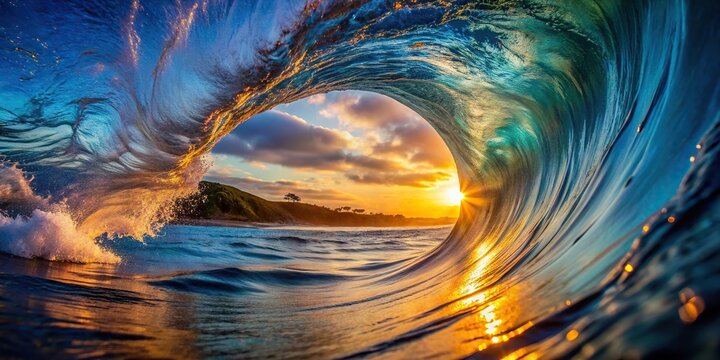 A stunning tube or barrel wave in the ocean at sunset or sunrise captured from a tilted angle, coastal, sunset, action, majestic, powerful, splash, water, stunning, outdoors,ocean, nature