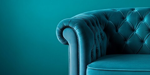 Obraz premium Close-up of a modern luxury teal velvet armchair with tufted detailing against a matching teal background