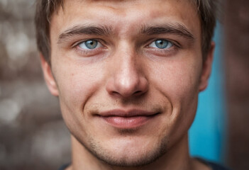 Fototapeta premium young man, close-up portrait, eyes, hopeful and positive excited nervous, age 18-30, growing up, daily routine in life, having a good time, satisfied and happy, caucasian, dreamy