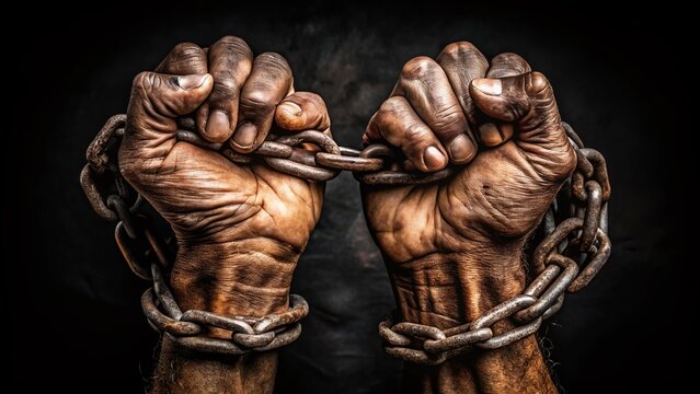 Rusted metal shackles bind worn, weathered hands together, symbolizing oppression, restraint, and longing for freedom