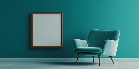 Minimalist teal armchair with blank frame on teal wall background, featuring clean modern lines and a serene atmosphere, perfect for interior design or decor inspiration