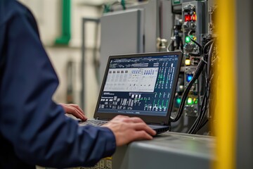 Engineer using a laptop to control a programmable logic controller in an industrial setting.