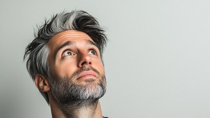 Obraz premium Mid-aged man looking up with curiosity, against a light background in close-up, expressive and thoughtful gaze