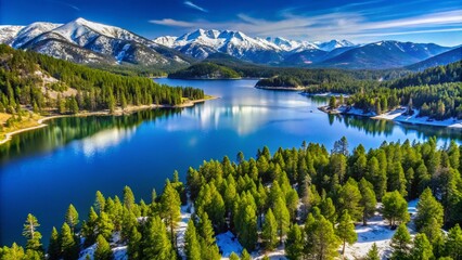 Scenic aerial view of snow-capped San Bernardino Mountains surrounding serene Big Bear Lake, reflecting majestic pine trees and lush green forests under a clear blue sky.