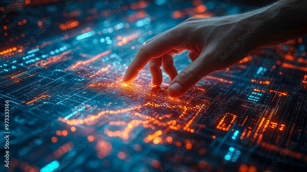 Poster a hand interacting with a glowing holographic financial interface displaying intricate data points