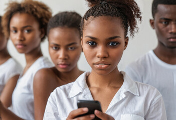 Obraz premium teenager group of girls and boys, with cell phone smartphone, students, female student holding a smartphone in her hand, schoolgirls and a schoolboy, lunch break