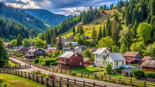 Scenic view of historic downtown Roslyn, Washington, with charming buildings, rustic fences, and rolling hills surrounded by lush green forest in the background.