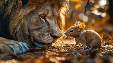 A lion and a mouse are gazing intently at one another in curiosity