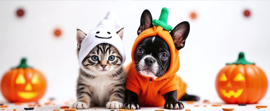 Cute and funny Halloween Pet Party: Kitten dressed as a ghost and black French bulldog puppy dressed as a pumpkin in a themed studio on a white background.