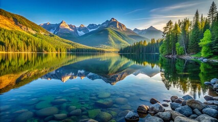 Naklejka premium Serene morning reflections on calm Bowman Lake surrounded by lush green forests and towering granite peaks in California's Sierra Nevada mountains.