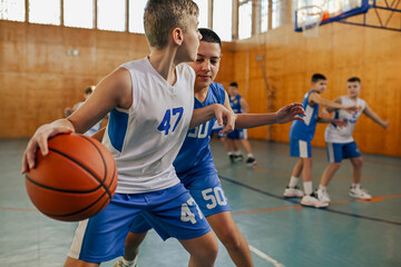 Basketball game with players in blue