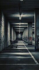 Empty commercial parking garage with a grunge concrete brick wall, overhead lighting and pillars with empty bays