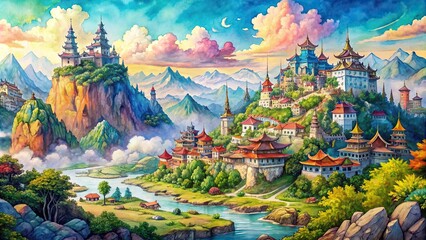 Obraz premium A breathtaking panoramic illustration created with a magnificent blend of watercolor and pen and ink showcasing an imagined landscape filled with vibrant hues and intricate details, colorful
